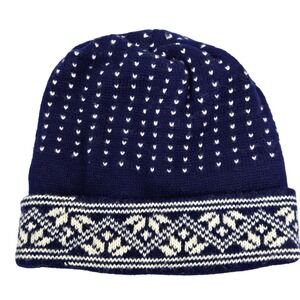 Navy Blue Knit Beanie Fair Isle Heart Pattern Winter Hat Adult One Size Acrylic